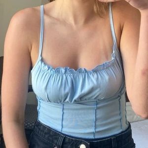 SHEIN Baby Blue y2k Tank Top with Dark Blue Seams Faux Boning and Ruffle Neck